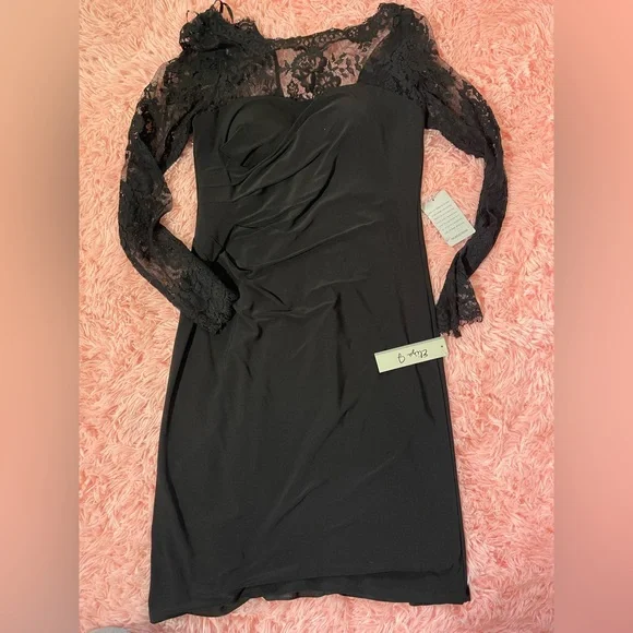 Eliza J Lace Sleeve Cocktail Dress Black Ruched Sheath Size 10 NWT Nordstrom - Picture 2 of 6